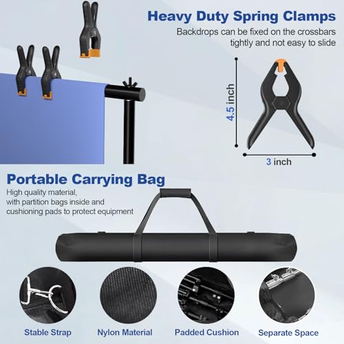 12 x 10ft Photo Video Studio Heavy Duty Backdrop Stand, Adjustable Photography Background Support Systemt Kit with Shock-Proof Spring, Carrying Bag, 6 Clamps - size: 10×12ft