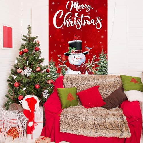 Irenare Christmas Front Door Cover Merry Christmas Door Decorations Red Snowman Xmas Tree Backdrop Banner Winter Holiday Background for Porch Wall Xmas Party Supplies, 70.9" X35.4" - style: Snowman