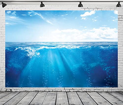 BELECO 5x3ft Fabric Blue Ocean Underwater World Backdrops for Photography Blue Sky White Clouds Sunshine Sea Bubbles Undersea Background Kids Birthday Photoshoot Baby Shower Party Photo Props - size: 5x3FT