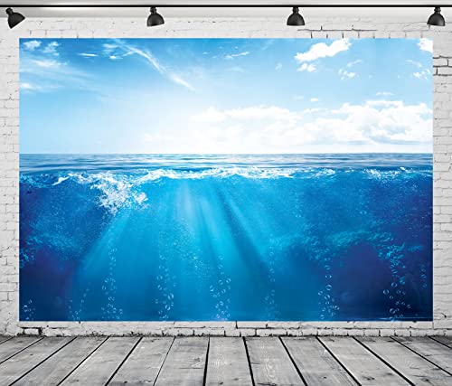 BELECO 15x8ft Fabric Blue Ocean Underwater Backdrops for Photography Blue Sky White Clouds Sunshine and Sea Bubbles Background for Kids Birthday Photoshoot Baby Shower Party Decorations Photo Props - size: 15x8FT