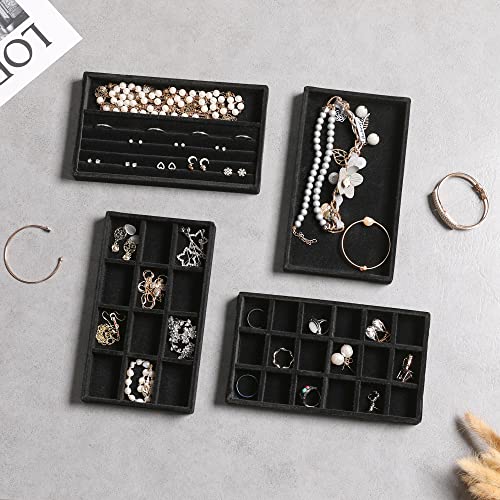 Frebeauty Jewelry Organizer Tray,Stackable Velvet Jewelry Trays,Drawer Inserts Earring Organizer For Women Jewelry Storage Display Case for Rings Stud Necklaces,Set of 9(Black) - color: Black, size: Set 9