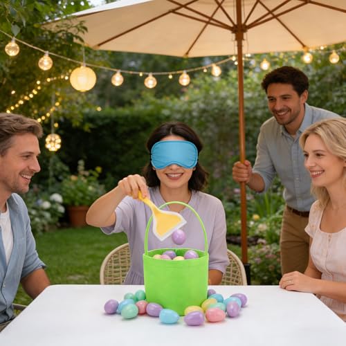 4 Set Easter Outdoor Party Games Easter Eggs Scoop Challenge Bucket for Family with 4 Bucket 4 Scoop 4 Eye Mask and 50 Easter Egg Bucket Blind Egg Challenge for Holiday Party
