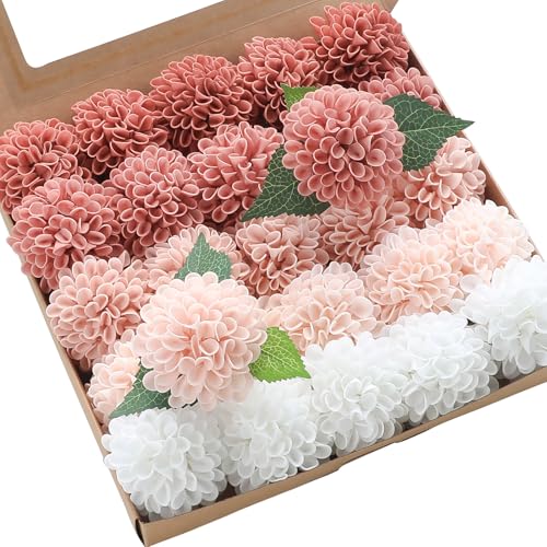 Floroom Artificial Dahlia Flowers 25pcs Real Looking Dusty Rose Shades Foam Fake Roses with Stems for DIY Wedding Bouquets Bridal Shower Centerpieces Floral Arrangements Party Tables Home Decoration - color: Shades of Dusty Rose