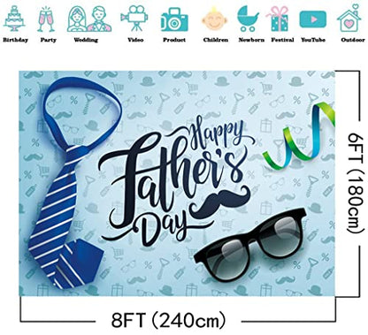 8X6FT Happy Father's Day Backdrop Necktie and Glasses Blue Backdrops Photo Studio Prop Backdrop Father's Day Party Supplies Decorations Banner Photography Background DH-404 - size: 8X6FT