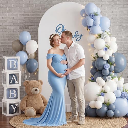 6.6FT Metal Arch Backdrop Stand and Cover Set, Blue Balloon Arch Kit, 153 Pcs Balloons, 4 Baby Shower Box, Letter Stickers, Clips for Baby Shower, Gender Reveal, Birthday, Wedding Decor