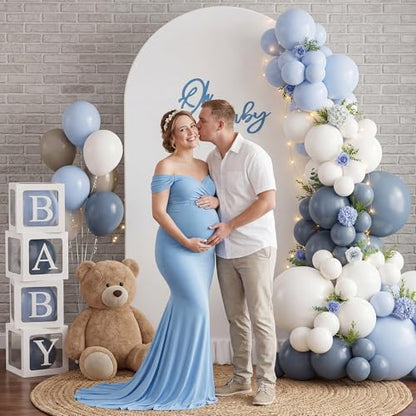 6.6FT Metal Arch Backdrop Stand and Cover Set, Blue Balloon Arch Kit, 153 Pcs Balloons, 4 Baby Shower Box, Letter Stickers, Clips for Baby Shower, Gender Reveal, Birthday, Wedding Decor