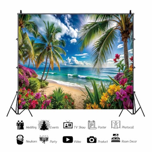 10x8ft Summer Hawaiian Beach Backdrop, Blue Sky White Clouds, Tropical Flowers and Palm Trees Vinyl Background for Luau Aloha Party Decoration Supplies