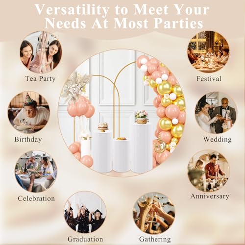 Metal Pleated Cylinder Pedestal Stands for Party, 3 Pieces Heavy Duty Round Cake Pedestal Stand Display Plinth Pillars Art Decor for Wedding Ceremony Birthday Party（Large, White） - size: XXL:35.63"x40", XL:29.72"x14.17", L:23.82"x12.6"