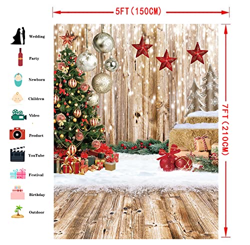 5x7Ft Christmas Backdrops for Photography Winter Snow Backdrop Rustic Wood Floor Backdrop Xmas Tree Gift Christmas Family Party Background - size: 5x7ft