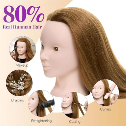 Mannequin Head with 80% Real Human Hair with Tripod Stand - 28" Makeup Cosmetology Manikin Doll Head for Hair Styling, Hairdressing Training Head for Braiding Practice Suitable for Hair Extensions - color: Brown &Tripod Set
