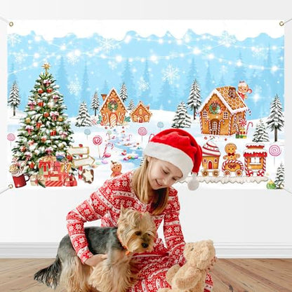 Mocsicka Gingerbread House Christmas Backdrop Blue Winter Merry Christmas Decorations Banner Sweet Gingerbread Candyland Photo Background Holiday Photo Booth Props - color: Blue