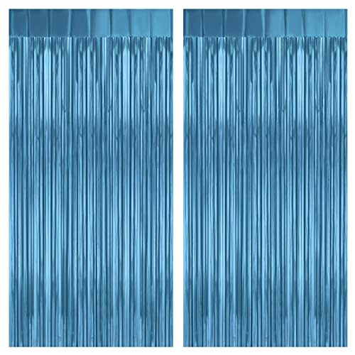 2 Pack Lake Blue Foil Fringe Curtains Tinsel Backdrop, 3.2Ft x 8.2Ft Metallic Tinsel Photo Booth Backdrop Curtains for Birthday Background Wedding Engagement Bridal Shower Bachelorette Decorations - color: Metallic Blue