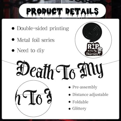 Black Glittery 40th Birthday Decorations for Him Her, Death to My 30s Banners Birthday Decoration, Funeral Rip to My Thirties Hanging Swirls Decor Supplies Women Men - style: Death to My 30s