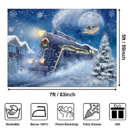 Avezano Christmas Train Backdrop Snow Night Christmas Polar Express Backdrop Moon Santa Claus Railway Photography Background Xmas Day Party Banner Decoration (7x5ft, 83x59inch) - size: 7x5ft, 82x59inch