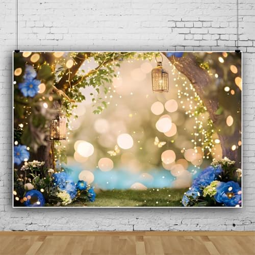 8x6ft Enchanted Fairy Forest Backdrop Fairytale Wonderland Woodland Butterfly Flowers Tree Photography Background Princess Fairy Birthday Party Newborn Baby Shower Decor Photo Prop(Blue) - color: Blue A, size: 8x6ft