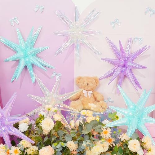 Iridescent Pink Purple Teal Star Foil Balloons, 6 Pcs Transparent Rainbow Star Explosion Balloons, 22 Inch Gradient Spike star Cone balloon for Birthday Wedding Under The Sea Mermaid Party Decoration - color: Iridescent Blue Purple