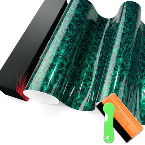 PET Marble Forged Carbon Fiber Textured Gloss Emerald Green Vinyl Wrap Auto Car Sticker Decal Film Sheet Bubble Free Air Release Technology with Tool Set 1FTx5FT - size: 1FT x 5FT