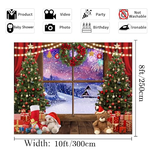 Christmas Backdrop - 10x8ft Winter Snowy Window Merry Christmas Photo Backdrop with Xmas Tree, Gifts, Eve Background, Festival Party Decorations Banner Props - color: NSW13498