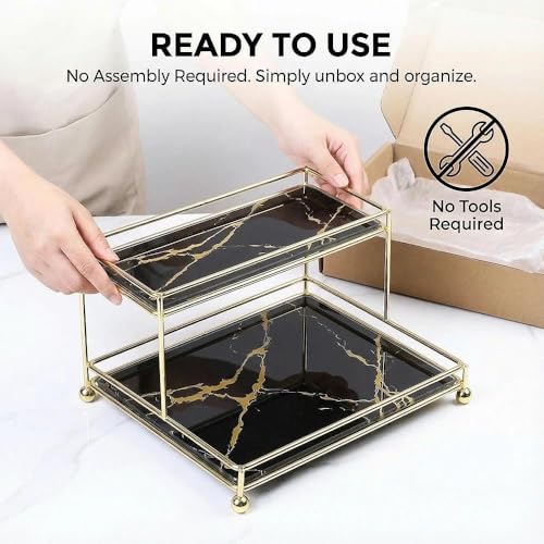 Makeup Organizer Shelf, 2-Tier Cosmetic Storage Basket with Glass Tray, Wire Vanity Organizer Rack for Bathroom, Countertop, Dresser and More, Medium Size