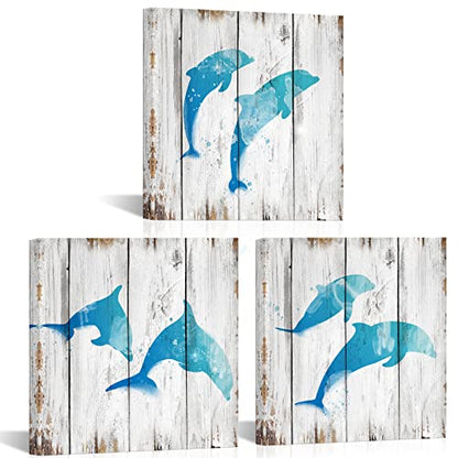 HOMEOART Jumping Dolphins Teal Blue Bathroom Wall Decor Ocean Animal Painting Wood Texture Background Art Print on Canvas Framed Artwork Ready to Hang 12"x12"x3Panels