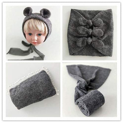 Newborn Baby Boy Girl Photography Props Bow Wrap, Posing Aid, Hat and Blanket Set of 4 Pcs - color: Gray