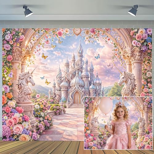 7 x 5 ft Pink Castle Backdrop Princess Dreamy Castle Floral Butterfly Fairy Fantasy Sky Garden Palace Background Girly Party Decorations Banner Photo Booth Props Supplies - color: Multi7, size: 7x5ft