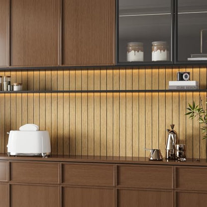 Peel and Stick PVC Slat Wall Panel Light Brown Wood Slat Foam Paneling Self-Adhesive Soundproof Wood Grain Wallpaper Vinyl Roll for Living Room TV Background Interior Wall Decor 11.8"x197"
