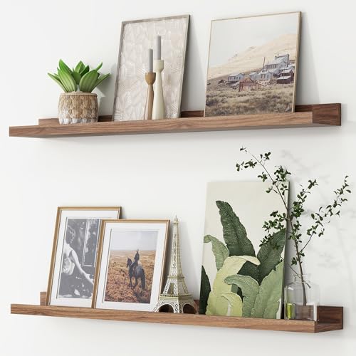 FLYJOE Picture Ledge Shelf, Floating Shelves Set of 2, 36 Inches Nursery Book Shelves for Toys Storage, Kids Bookshelf Wall Mounted for Living Room Bedroom Decor Books Photo Frames, Walnut - color: Walnut, size: 36'', Set of 2