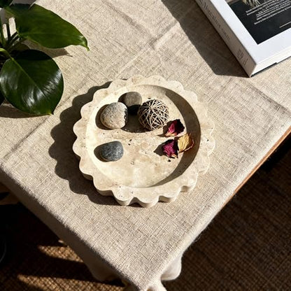 Natural Travertine Scalloped Edge Tray, 6.3"*6.3"Marble Ring Dish Jewelry Trinket Tray for Counter Dresser Nightstand, Home Decoration, Jewelry Storage,Women's Present (NS023)