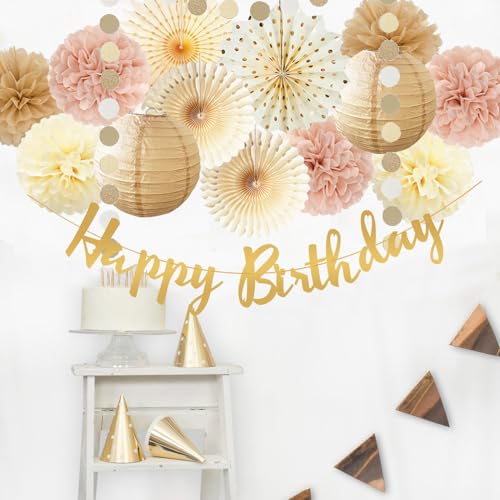 Champagne Gold Beige Birthday Decorations for Women Girls, Dusty Pink Party Decorations Cream Tissue Pom Poms Fans, Paper Lanterns, Anniversary Baby Shower Fall Boho Birthday Party Decoration