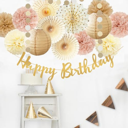Champagne Gold Beige Birthday Decorations for Women Girls, Dusty Pink Party Decorations Cream Tissue Pom Poms Fans, Paper Lanterns, Anniversary Baby Shower Fall Boho Birthday Party Decoration