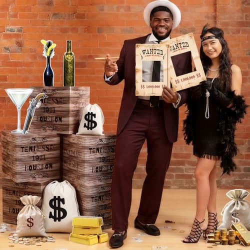 Eaasty 19 Pcs Roaring 20s Party Decorations Photo Booth Props Speakeasy Decor Height Chart Backdrop Wood Grain Boxes Wanted Sign Dollar Sacks for Retro Jazz Twenties 1920 Party Decor