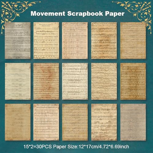 30 Sheets Vintage Background Paper - Traditional Music Score Decorative Paper for Scrapbooking, Journaling, Gift Wrap & Decorations, Retro Design Letter Papers, Blue Melody Style - color: Blue