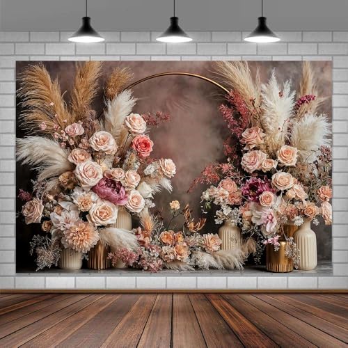 7 x 5 ft Bohemian Floral Wedding Backdrop Retro Boho Flowers Pampas Grass Curtain Photography Background Bridal Shower Anniversary Birthday Baby Shower Pregnancy Party Decoration Photo Banner - color: Purple, size: 7x5ft