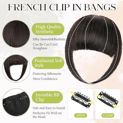 Bangs Hair Clip in Bangs, French Black Brown Fake Bangs Hair Clip on Bangs for Women Fringe with Temples Hairpieces Faux Bangs for Daily Wear - color: Black Brown