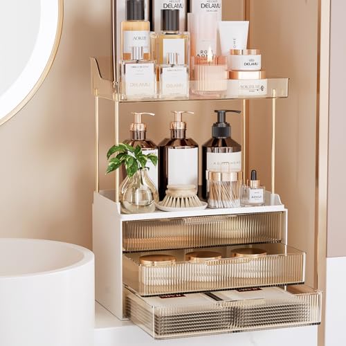 Delamu Bathroom Organizers and Storage, 2 Tier 3 Drawer Makeup Organizer Countertop, Easy to Install, Ideal for Bathroom Counter, Vanity, Ideal for Women Girls, Amber - color: Amber, size: 3Drawers 1 Pack