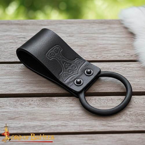 Lord of Battles Medieval Genuine Leather Axe Frog | Axe Holster with Belt Loop | Waist Holder for Axes, Tools - color: Mjolnir - Black
