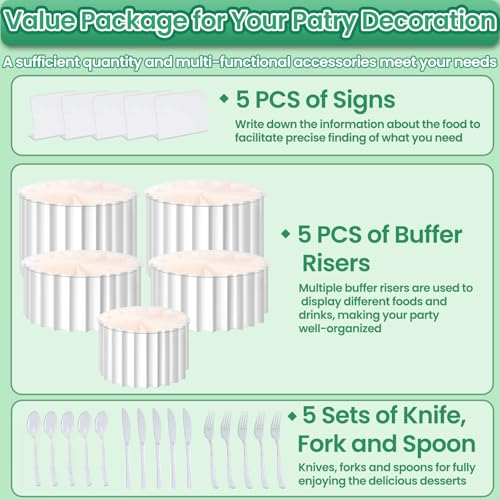 Lucomb 5 PCS Buffet Risers, Food Display Risers for Table, Foldable Cake Stands with Dessert Knife, Fork, Spoon, White Cardboard Cylinder Risers for Party, Wedding, Birthday, Holiday