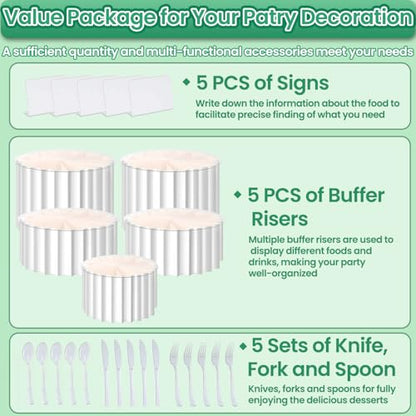 Lucomb 5 PCS Buffet Risers, Food Display Risers for Table, Foldable Cake Stands with Dessert Knife, Fork, Spoon, White Cardboard Cylinder Risers for Party, Wedding, Birthday, Holiday