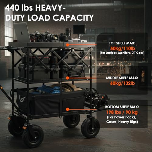 TARION Video Production Camera Cart - Foldable Photography Dolly with Inflatable Rubber Wheels and Wider Top Shelf - Heavy Duty Mobile Workstation with Storage Bins for Film Crew - Titanrig Cart Pro - style: Titanrig Cart - Pro