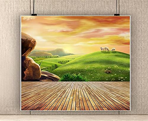 AOFOTO Photography Girl Backgrounds 6x6ft Backdrop Dreamy Pastoral Scenery Cartoon Painting Rosy Clouds Sheep Grass Hillside Wood Floor Photo Shoot Studio Props Video Baby Kid Artistic Portrait - size: 6x6ft