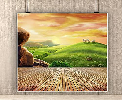 AOFOTO Photography Girl Backgrounds 6x6ft Backdrop Dreamy Pastoral Scenery Cartoon Painting Rosy Clouds Sheep Grass Hillside Wood Floor Photo Shoot Studio Props Video Baby Kid Artistic Portrait - size: 6x6ft