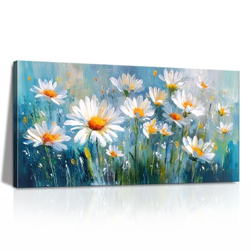 LKY ART Wall Art White Daisy Flowers Canvas Print Blue and Orange Floral Painting for Living Room Bedroom Home Office Wall Decoration 20" x 40" - color: Orange, size: 40"L x 20"W