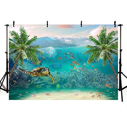 7x5ft Summer Underwater Photography Backdrop Sea Waves Under The Sea Turtle Fishes Palm Trees Corals Photo Background Beach Ocean Theme Birthday Decorations Props