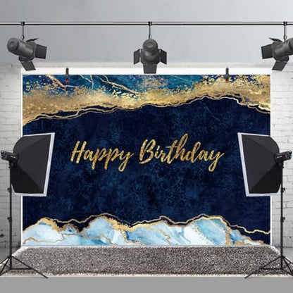6x4ft Blue Marble Backdrop for Birthday Party Glittering Gold Fluid Happy Birthday Navy Blue Modern Photography Background for Celebration Newborn Bbay Shower Kid Adult Portrait Photo Prop - size: 6x4ft-polyester