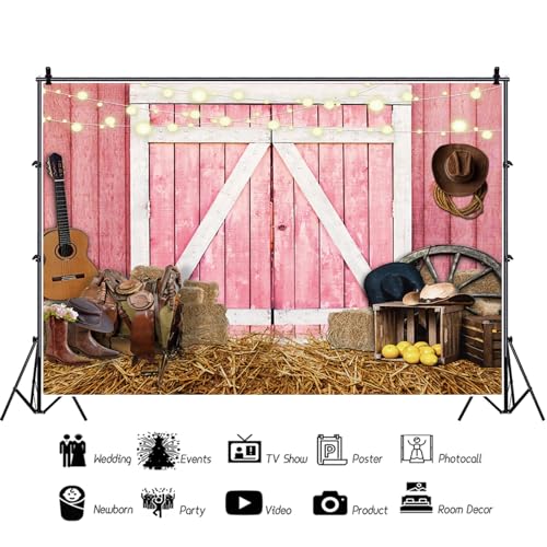 Western Backdrop Rustic Pink Wooden House Barn Door Background Hay Wild West Photography Banner for Birthday Rodeo Cowboy Themed Party Decorations Photo Photobooth Props 6x4ft - size: 6x4 ft