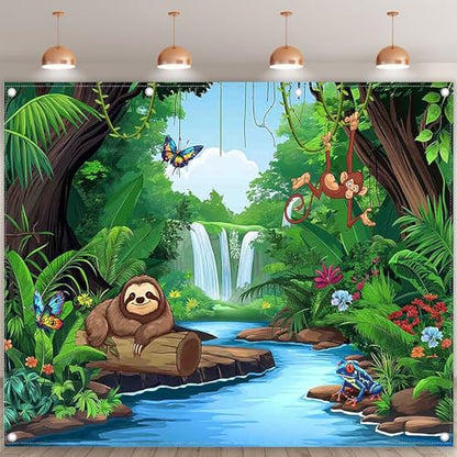 Polyester 10x8ft Rainforest Backdrop Tropical Jungle Forest Safari Animal Background for Kids Adventure Party Decorations Summer Event Photo Banner Props - size: 10'x8'