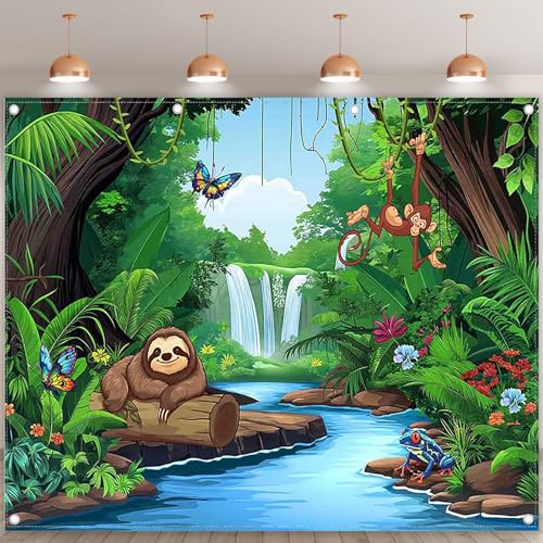 Polyester 10x8ft Rainforest Backdrop Tropical Jungle Forest Safari Animal Background for Kids Adventure Party Decorations Summer Event Photo Banner Props - size: 10'x8'