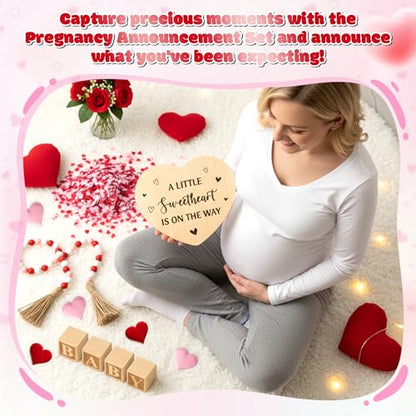 13Pcs Valentine Pregnancy Announcement Set - Coming Soon Baby Announcements Ideas Include Wooden Sign Beads Garland Wood Blocks Sponge Pregnancy Reveal Photo Props for Grandparents Dad Husband Family - color: Red and Pink