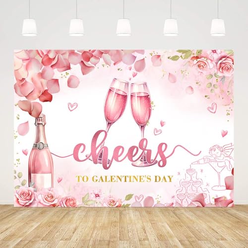 AIBIIN 7x5ft Galentine's Day Backdrop Cheers to Galentine's Day Photography Background Pink Floral Champagne Galentines Day Party Decorations Banner Photo Props - color: Pink